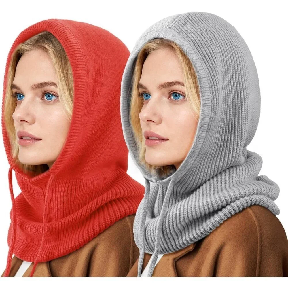 Unisex Light Grey Red Beanie Skull Cap with Drawstring Warm Winter Hats Outdoor